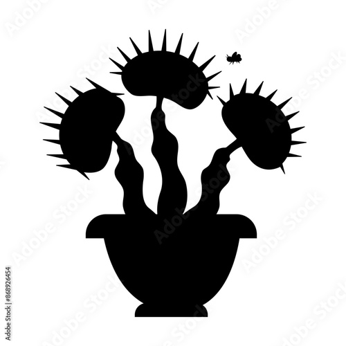 Venus flytrap cartoon vector black illustration isolated on white background. Dionaea muscipula with fly silhouette plant. Carnivorous plant in pot.