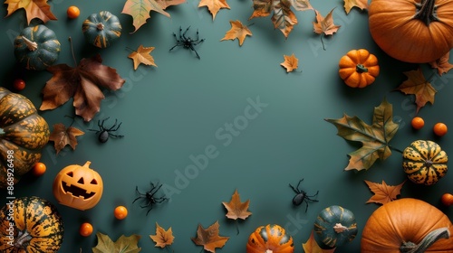 Overhead View of Halloween Decor on a Sea Green Background