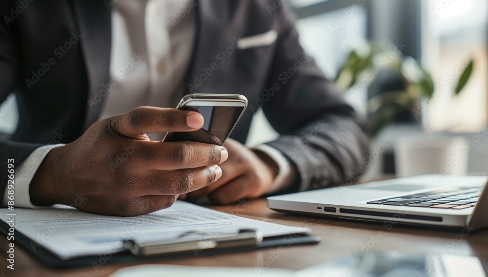 A businessman in a suit is using his smartphone at a desk with a laptop and documents. A businessman in a suit is using his smartphone at a desk with a laptop and documents.