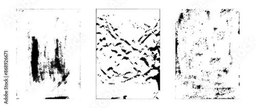 Halftone rough grunge collection. Aged pixel texture paper overlay set. Old worn scratched crumpled background. Dirt grainy distressed background for poster, vinyl cover, frame, banner. Vector pack