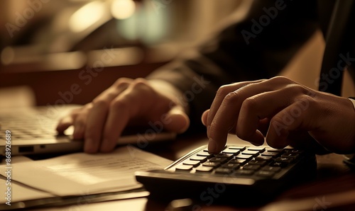 A businessman in a suit is using a calculator to calculate figures while working in an office environment.