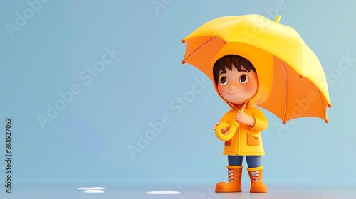 A happy cartoon boy in a yellow raincoat holds a yellow umbrella on a blue background. photo