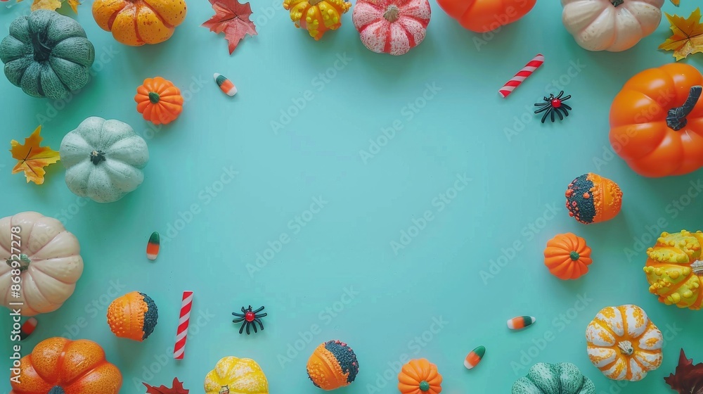 Overhead View of Halloween Decor on a Sea Green Background Overhead View of Halloween Decor on a Sea Green Background