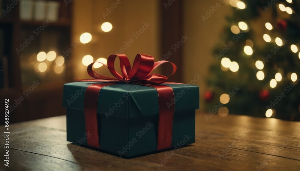 A wrapped gift box with a red bow sits on a wooden table in front of a blurred Christmas tree with lights A wrapped gift box with a red bow sits on a wooden table in front of a blurred Christmas tree with lights