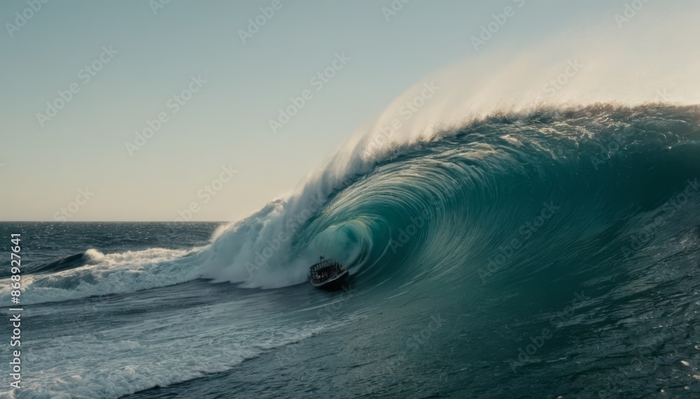 A small boat navigates a massive wave in the open ocean. The wave is large and powerful, and the boat is dwarfed by its size. The water is a deep blue, and the sky is a light blue A small boat navigates a massive wave in the open ocean. The wave is large and powerful, and the boat is dwarfed by its size. The water is a deep blue, and the sky is a light blue