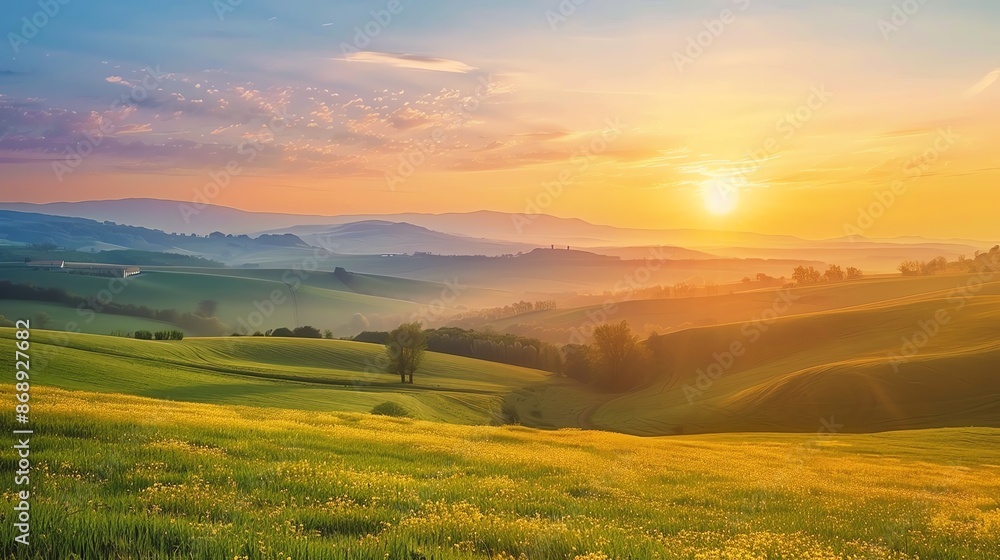 Fototapeta premium A scenic view of rolling hills at sunset.