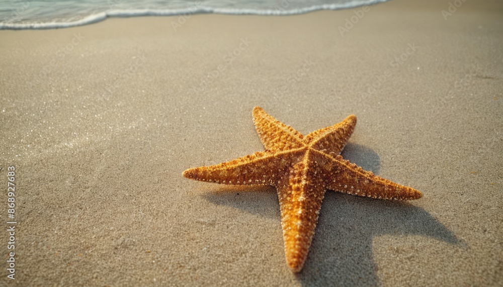 A single starfish lies on the sand of a beach, with the receding waves in the background A single starfish lies on the sand of a beach, with the receding waves in the background