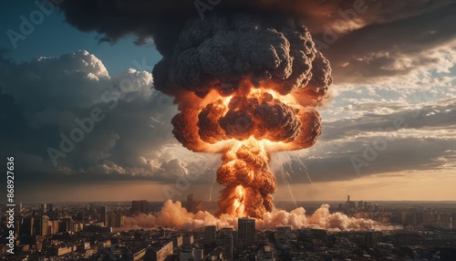 A large nuclear explosion, with an orange-red mushroom cloud rising above a city skyline, occurs at sunset