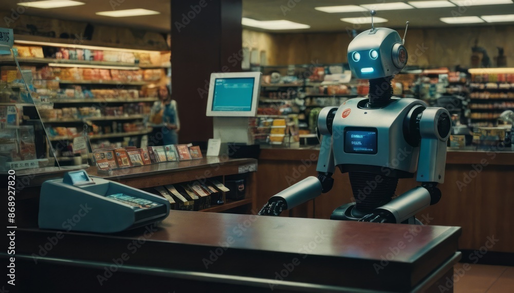 A robot cashier stands behind the counter of a convenience store. It is waiting to help a customer A robot cashier stands behind the counter of a convenience store. It is waiting to help a customer
