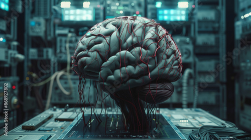 A human brain connected to electronic components in a server room. photo