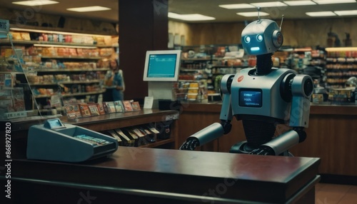 A robot cashier stands behind the counter of a convenience store. It is waiting to help a customer