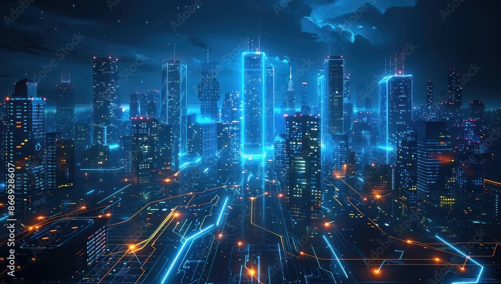 Obraz premium Cyberpunk Cityscape with Glowing Neon Lights