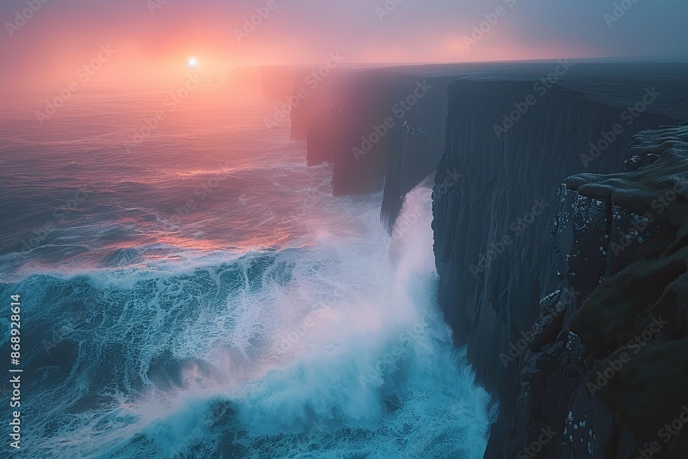 A dynamic seascape featuring waves crashing on rocky shores under a dramatic sky, reminiscent of Niagara Falls' power and beauty A dynamic seascape featuring waves crashing on rocky shores under a dramatic sky, reminiscent of Niagara Falls' power and beauty