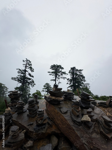 Rock stacks in the The Dochu La Pass, Bhutan. photo