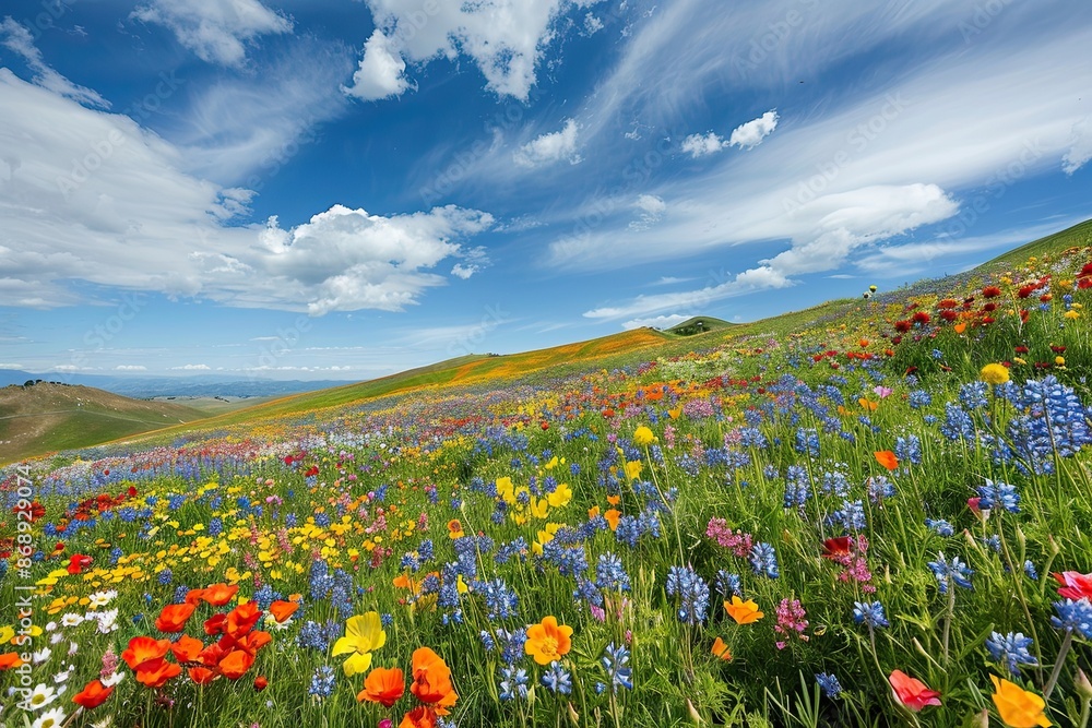 Fototapeta premium A vibrant meadow filled with red poppies and wildflowers under a clear blue sky