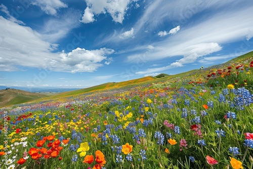 A vibrant meadow filled with red poppies and wildflowers under a clear blue sky