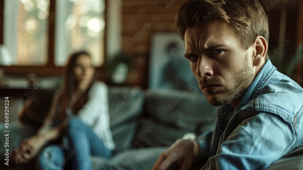 Upset young man sitting on the sofa with woman at home. Stressed married couple sitting separately in the living room. Quarrel and divorce concept. Upset young man sitting on the sofa with woman at home. Stressed married couple sitting separately in the living room. Quarrel and divorce concept.