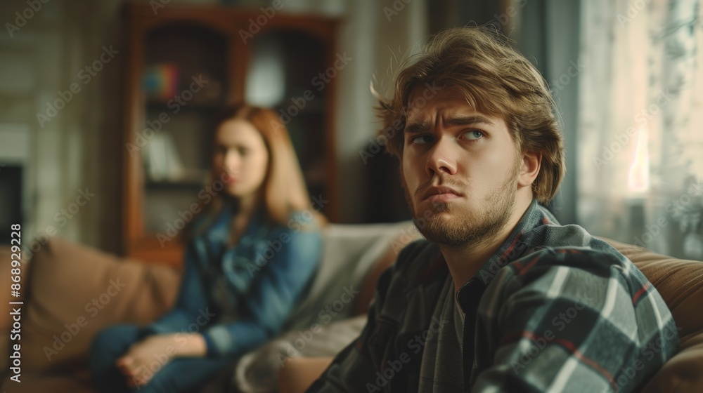 Upset young man sitting on the sofa with woman at home. Stressed married couple sitting separately in the living room. Quarrel and divorce concept. Upset young man sitting on the sofa with woman at home. Stressed married couple sitting separately in the living room. Quarrel and divorce concept.
