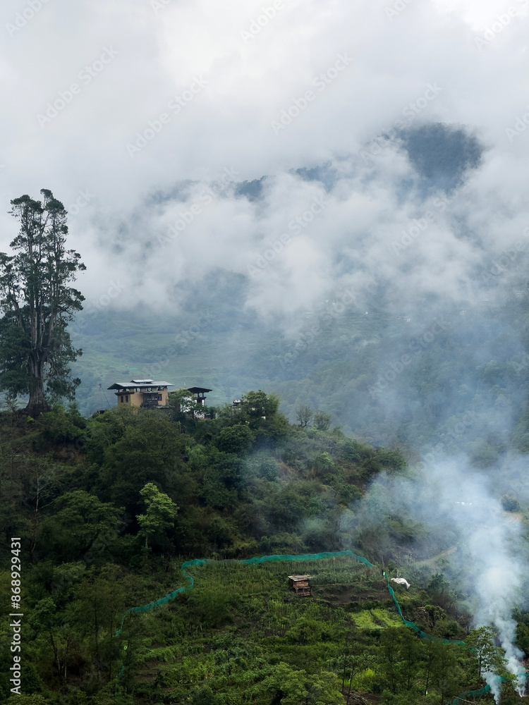 Fototapeta premium Mountainous, rural Bhutan during the monsoon season
