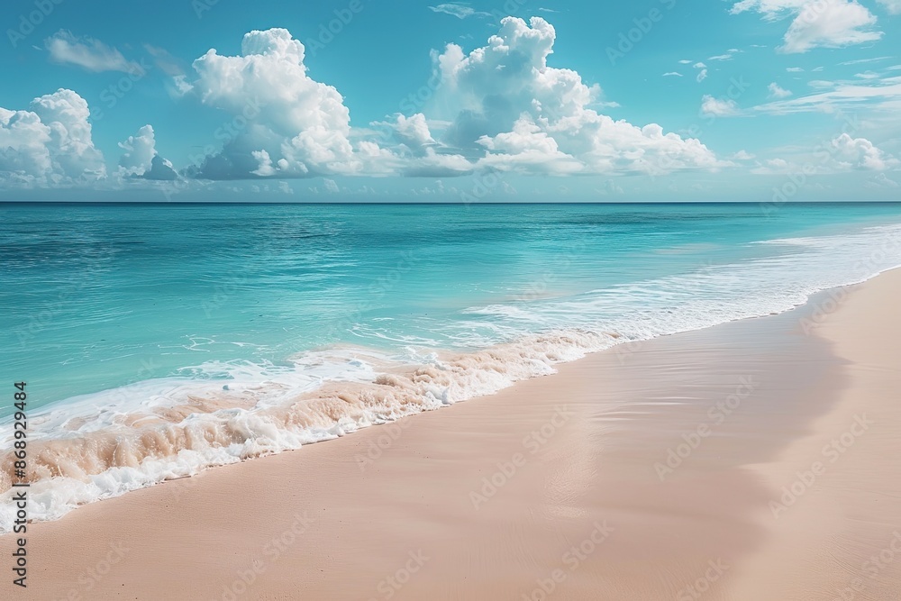 Fototapeta premium The image can be named as: Tropical Beach with Blue Sky and Clouds