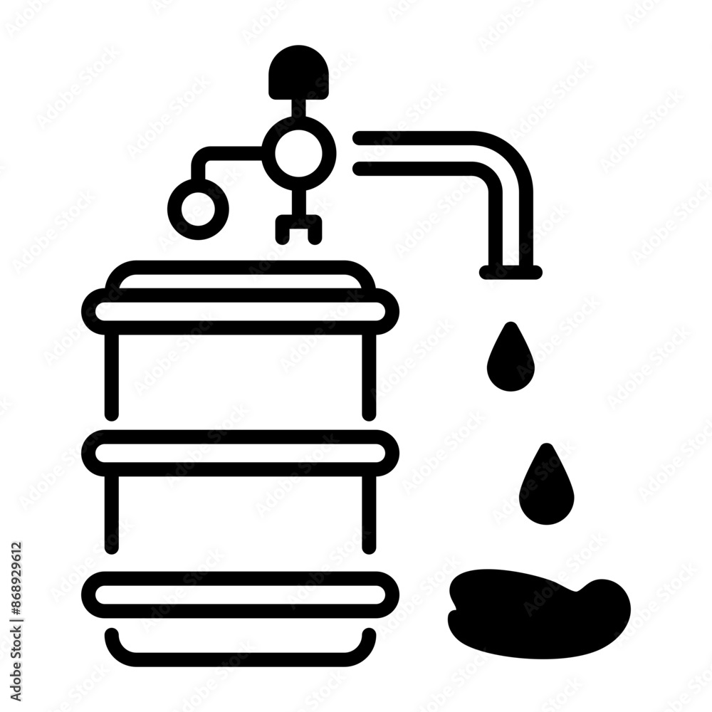 Drum pump with spilling oil drops, line icon Drum pump with spilling oil drops, line icon