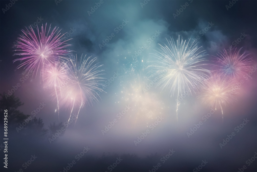 Ethereal Fireworks Through Gentle Fog with Ample Space for Text Ethereal Fireworks Through Gentle Fog with Ample Space for Text