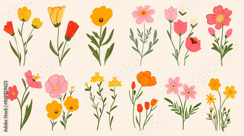 Various tiny spring flowers clipart collection pattern, minimal abstract illustration style , super fresh fluorescent vibrant color palette