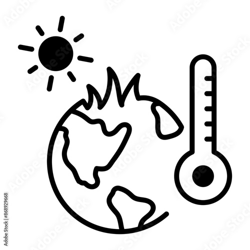 Planet with sun and thermometer denoting global warming, line icon 