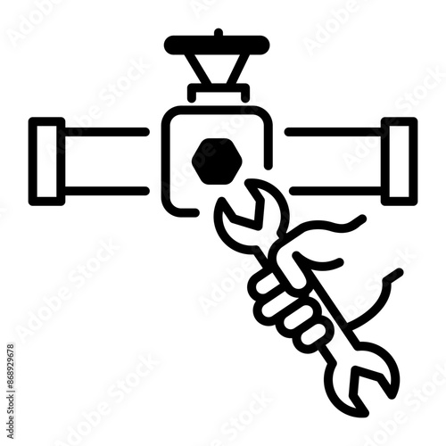 An outline icon of pipeline repairing with spanner 