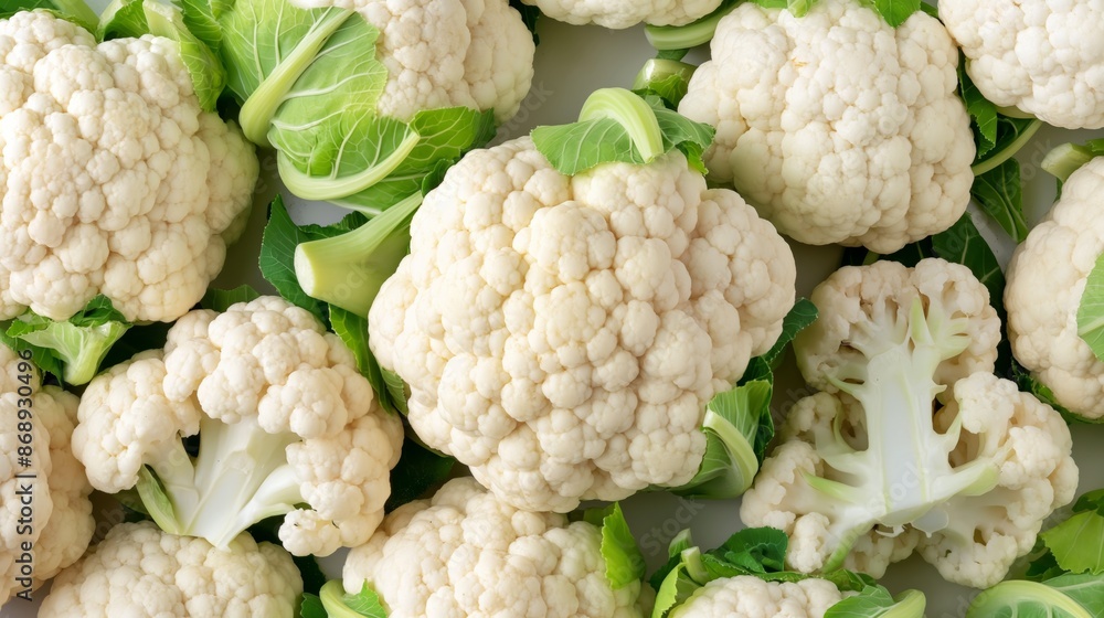 Fresh white cauliflower heads with green leaves. Fresh white cauliflower heads with green leaves.