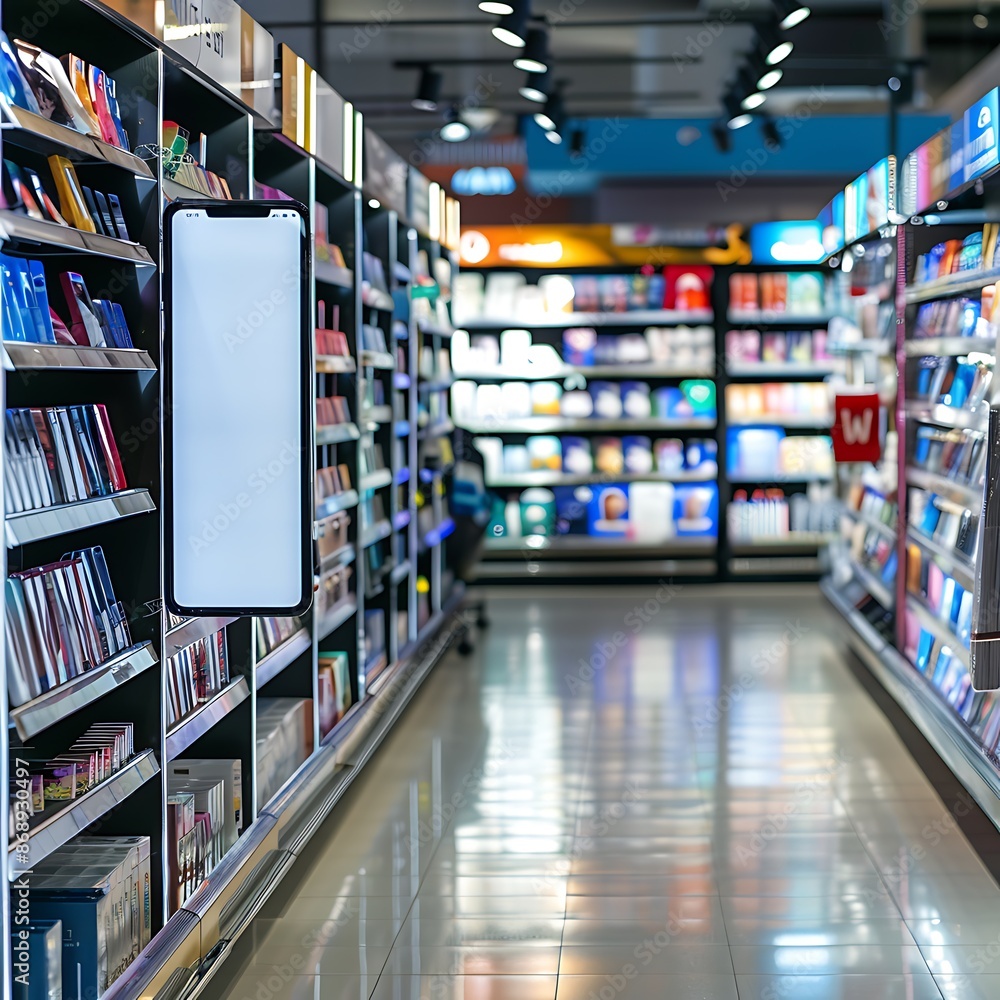 Blank device screen in the mobile accessories section of a large retail store.