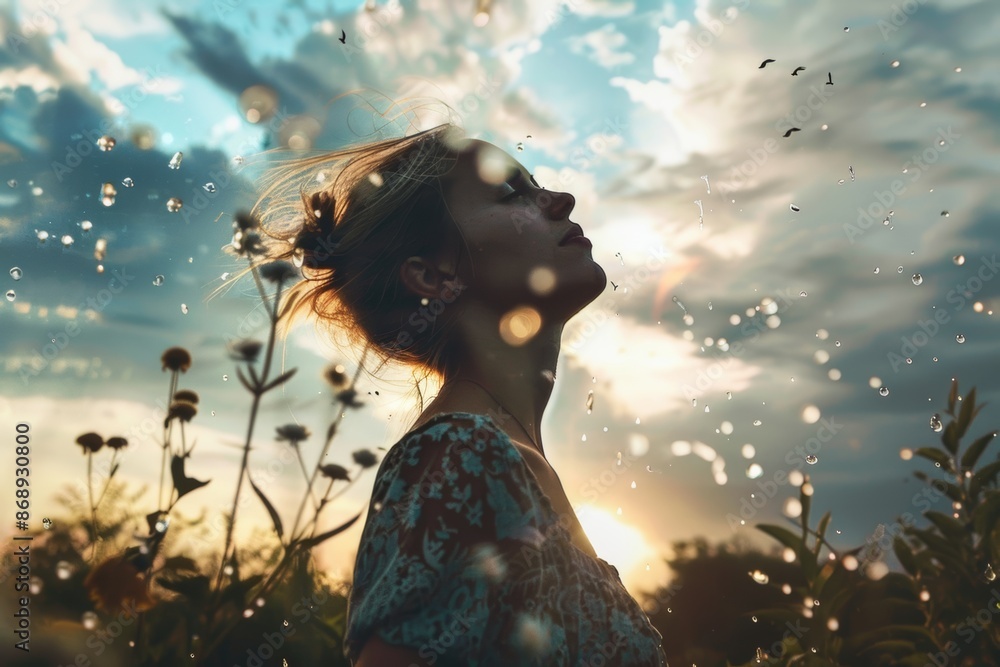 Φωτογραφία Woman basking in sunlight among swirling leaves, a scene of ethereal beauty and peaceful reverie