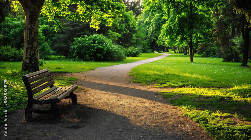 A park bench is in the shade of a tree. The park is full of trees and grass A park bench is in the shade of a tree. The park is full of trees and grass
