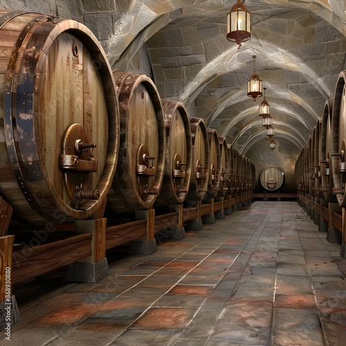 Wine barrels stacked in the old cellar of the winery  Old wooden barrels with wine in the ancient medieval stone cellars  