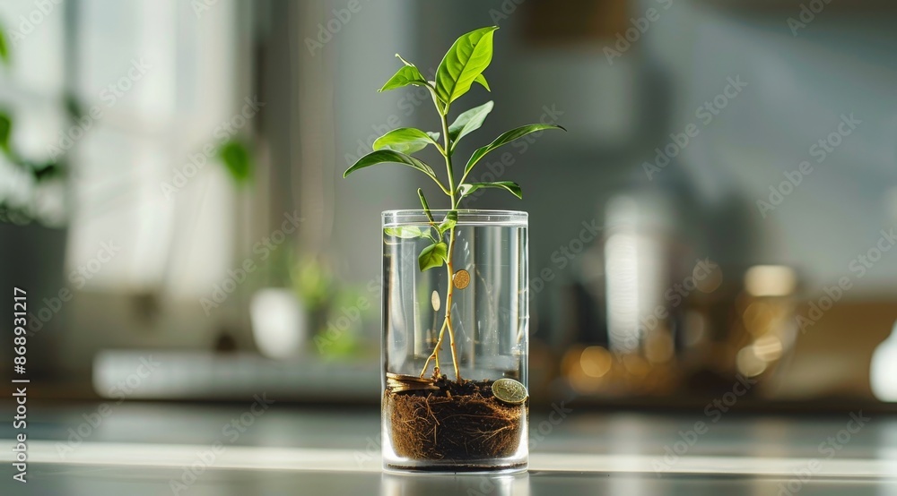 Green Plant Growing in Glass of Water With Coins at the Bottom Green Plant Growing in Glass of Water With Coins at the Bottom