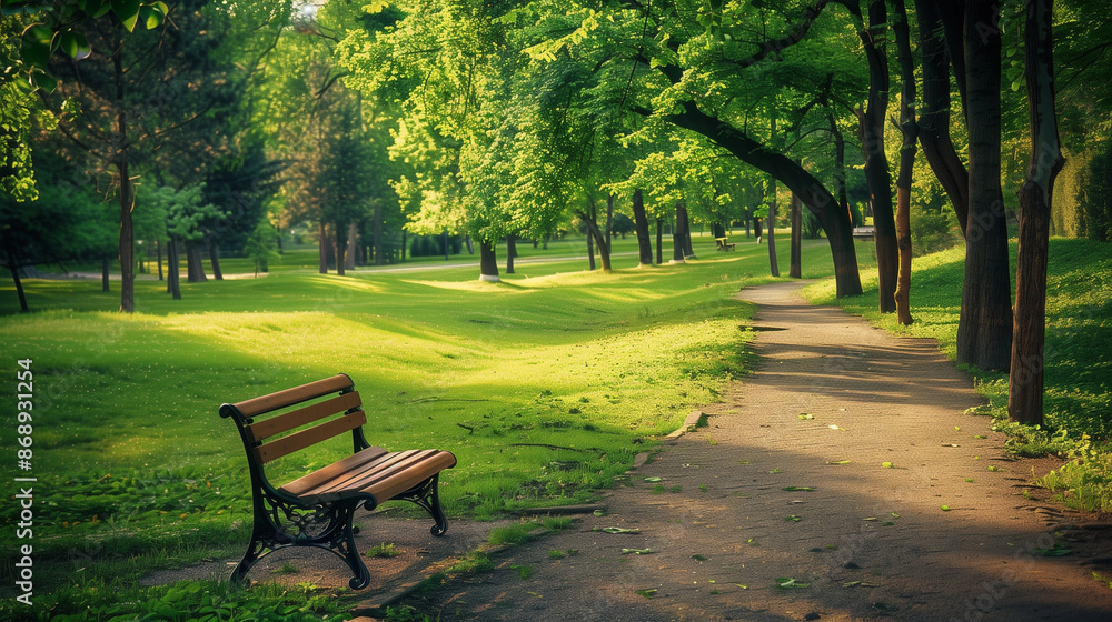 A park bench is in the shade of a tree. The park is full of trees and grass A park bench is in the shade of a tree. The park is full of trees and grass