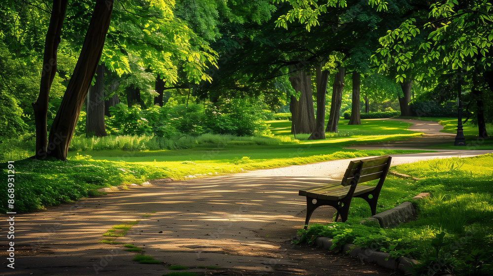 A park bench is in the shade of a tree. The park is full of trees and grass A park bench is in the shade of a tree. The park is full of trees and grass