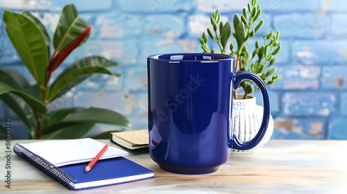 Majestic sapphire blue mug set on a minimalist ash wood table, accompanied by notepad and a Ficus plant. photo