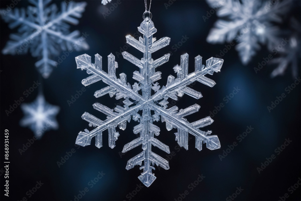 Detailed Close-Up of Sparkling Snowflake on Dark Blurred Background with Space for Text Detailed Close-Up of Sparkling Snowflake on Dark Blurred Background with Space for Text