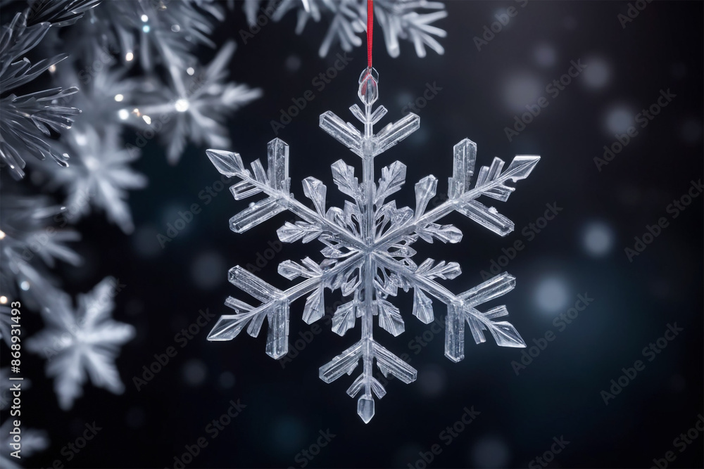 Detailed Close-Up of Sparkling Snowflake on Dark Blurred Background with Space for Text Detailed Close-Up of Sparkling Snowflake on Dark Blurred Background with Space for Text