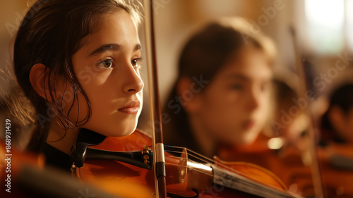 Talented Girl Playing Violin in Orchestra 