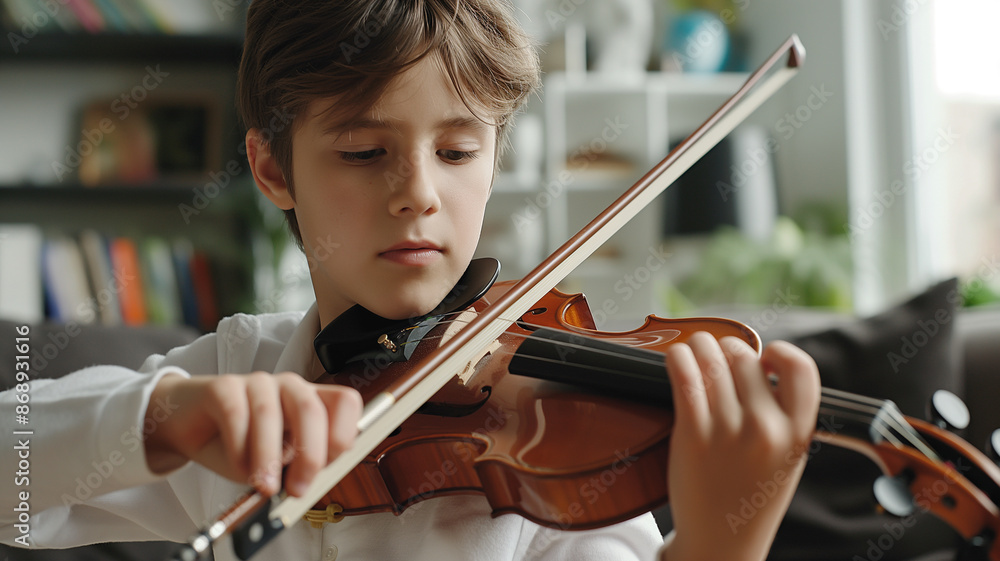A Boy Playing Violin in the Living Room A Boy Playing Violin in the Living Room