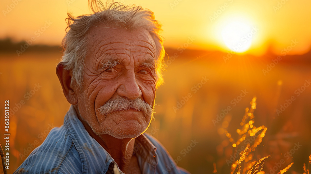 Old farmer with mustache handsome man looking at camera, male satisfied resting at sunset. the portrait of the worker in the agricultural field Old farmer with mustache handsome man looking at camera, male satisfied resting at sunset. the portrait of the worker in the agricultural field