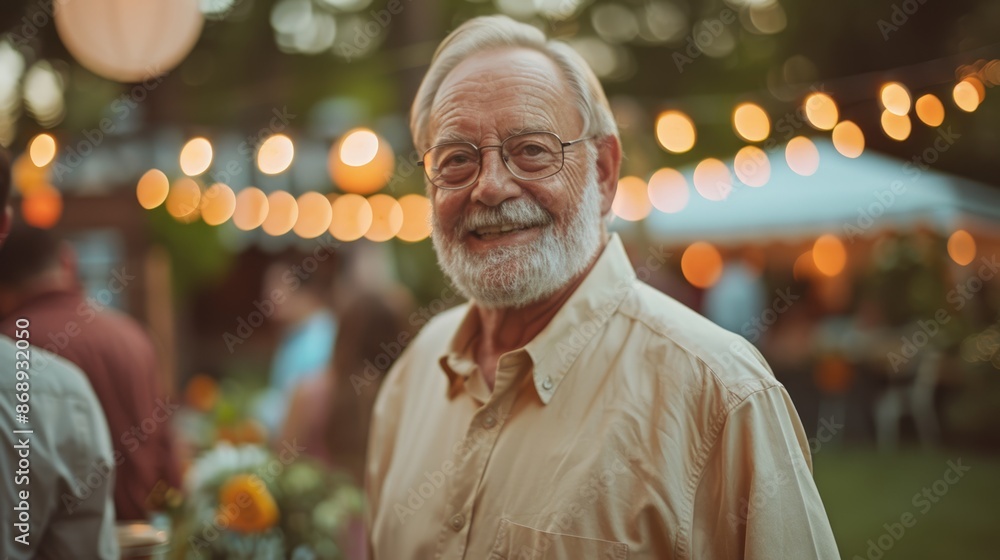 Obraz premium Happy Elderly Man Enjoying Garden Party with Loved Ones in Beautifully Decorated Setting