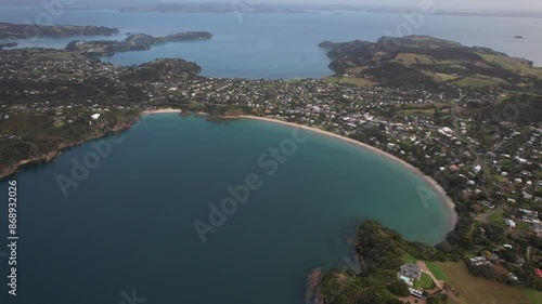 Onetangi Bay In Waiheke Island, Auckland, New Zealand - Aerial Shot photo