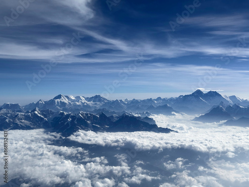 View of the Himalayas from the Paro to Kathmandu flight (the only commercial flight in the world to view Mt Everest).  Mt Everest on right.