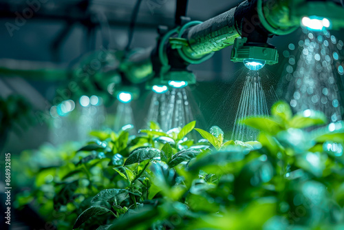 smart farm springer watering hydroponic vegetables growing in plastic pipes filled with fertile water. generative Ai photo