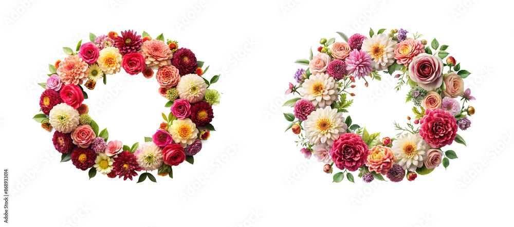 Beautiful Rose and Dahlia Wreath Flower Design on a Transparent Background. Beautiful Rose and Dahlia Wreath Flower Design on a Transparent Background.