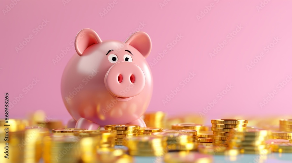 happy piggy bank surrounded by golden coins - financial success and savings concept. happy piggy bank surrounded by golden coins - financial success and savings concept.
