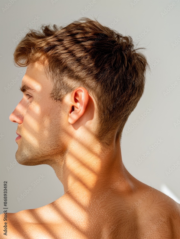 Fototapeta premium young man profile portrait with sun light and shadow through blinds.